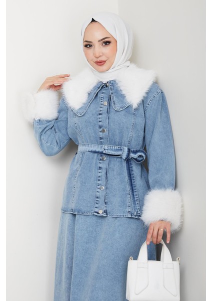 Kadın Peluş Detaylı Kuşaklı Kot Mavi Ikili Takım fiyatları