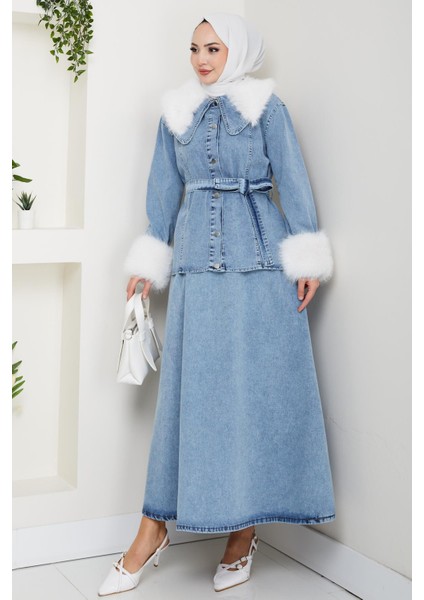 Kadın Peluş Detaylı Kuşaklı Kot Mavi Ikili Takım modelleri