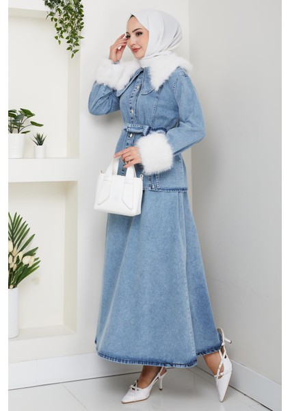 Kadın Peluş Detaylı Kuşaklı Kot Mavi Ikili Takım fırsatları