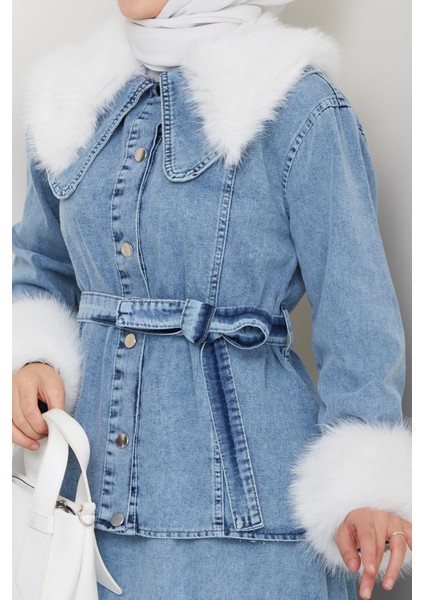 Kadın Peluş Detaylı Kuşaklı Kot Mavi Ikili Takım indirimleri