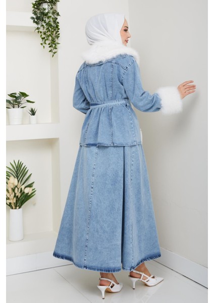 Kadın Peluş Detaylı Kuşaklı Kot Mavi Ikili Takım