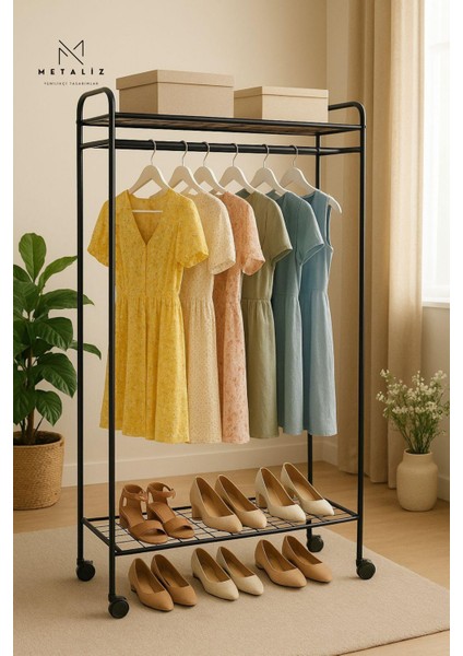 METALİZ Tekerlekli Elbise Askılığı Raflı ve Taşınabilir Kıyafet Düzenleyici Stant Tekerli Siyah fiyatları