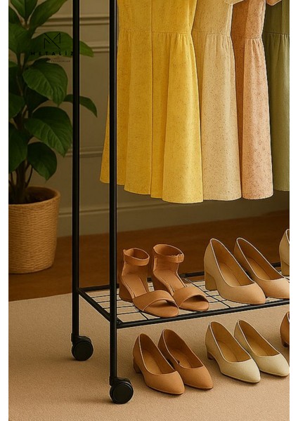 METALİZ Tekerlekli Elbise Askılığı Raflı ve Taşınabilir Kıyafet Düzenleyici Stant Tekerli Siyah modelleri
