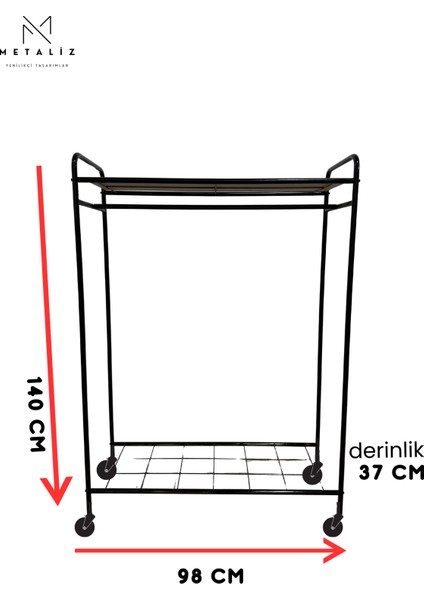 METALİZ Tekerlekli Elbise Askılığı Raflı ve Taşınabilir Kıyafet Düzenleyici Stant Tekerli Siyah fırsatları