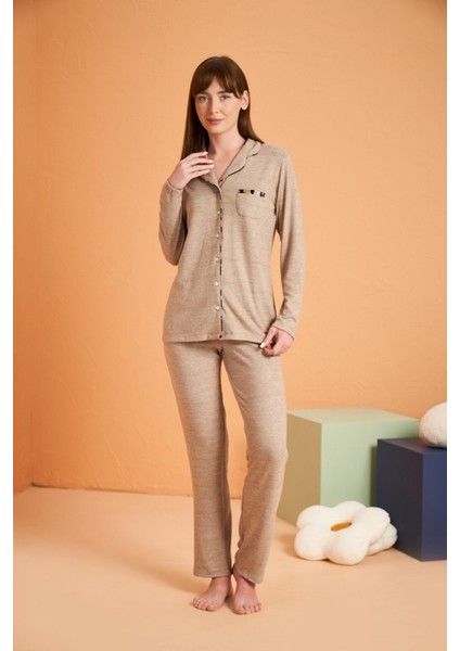 Kadın Kahverengi Düğmeli Pijama Takımı 28036
