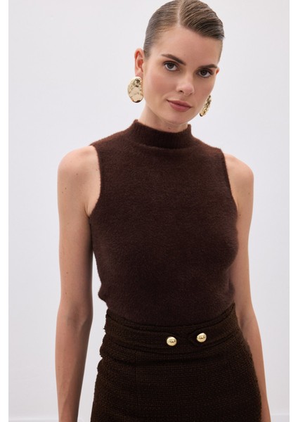 Sıfır Kol Sakallı Triko Bluz - Kahve