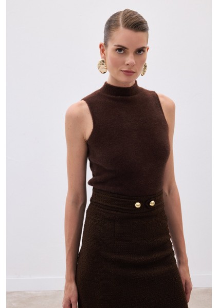 Sıfır Kol Sakallı Triko Bluz - Kahve indirimleri