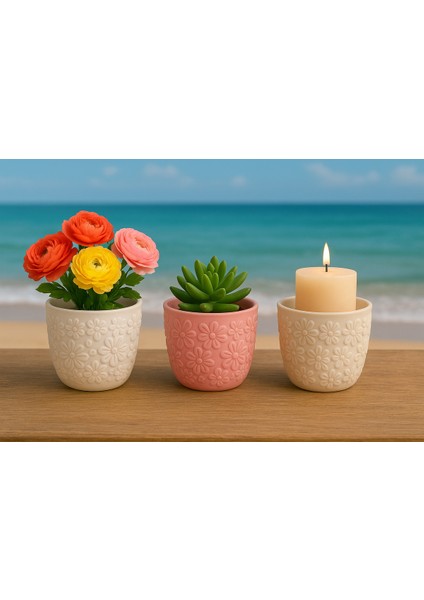 3'lü Set El Yapımı Dekoratif Saksı Handmade Taş Tozu Çiçek Desenli Mumluk Kalemlik Sukulent Obje 8cm fiyatları