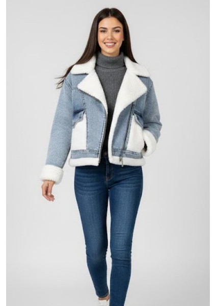 Kadın Açık Mavi Kürk Detaylı Jean Ceket M4800 Kar Yıkama