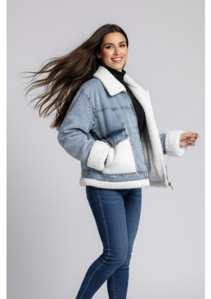 Kadın Açık Mavi Kürk Detaylı Jean Ceket M4800 Kar Yıkama modelleri