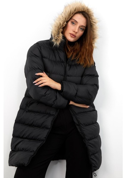 Uzun Kapşonlu Şişme Mont M001 Siyah