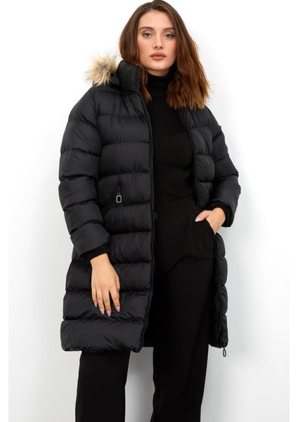 Uzun Kapşonlu Şişme Mont M001 Siyah indirimleri