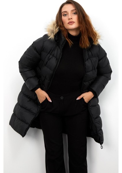 Uzun Kapşonlu Şişme Mont M001 Siyah