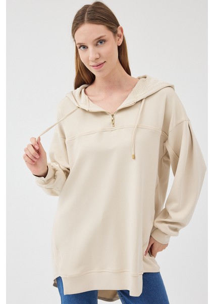 Kadın Oversize Bisiklet Yakalı Scuba Kapüşonlu Sweatshirt