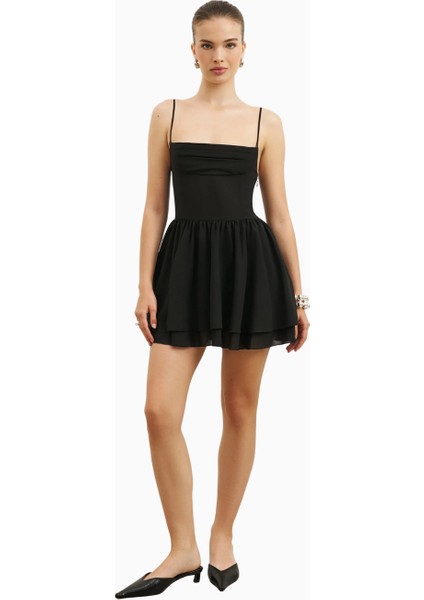 Chiffon Tiered Babydoll Mini Dress Ruched Bust Cami Dress Kadın Elbise