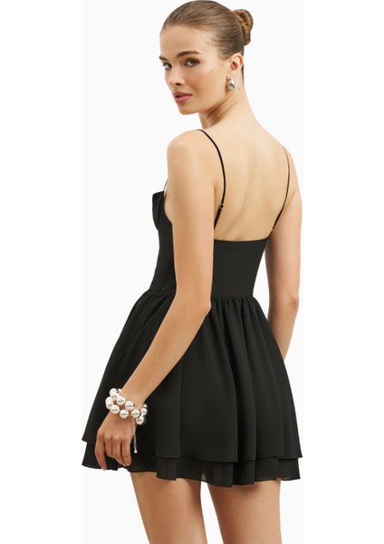 Chiffon Tiered Babydoll Mini Dress Ruched Bust Cami Dress Kadın Elbise