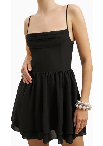 Chiffon Tiered Babydoll Mini Dress Ruched Bust Cami Dress Kadın Elbise