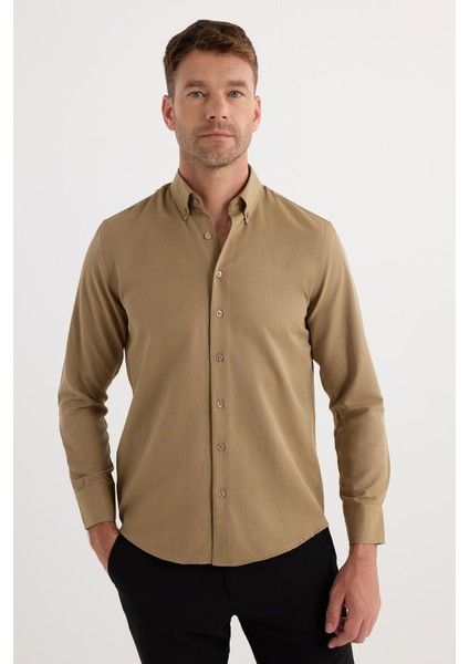 Regular Fit Düğmeli Yaka Pamuklu Kolay Ütü Oxford Düz Erkek Vizon Gömlek fiyatları