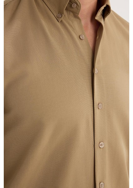 Regular Fit Düğmeli Yaka Pamuklu Kolay Ütü Oxford Düz Erkek Vizon Gömlek modelleri