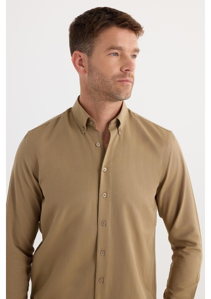 Regular Fit Düğmeli Yaka Pamuklu Kolay Ütü Oxford Düz Erkek Vizon Gömlek fırsatları