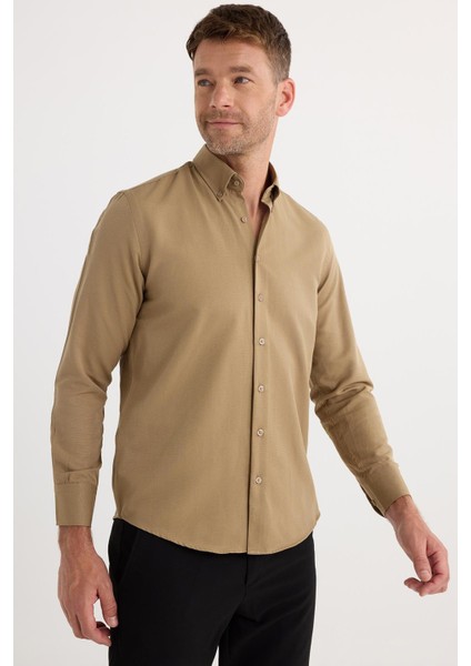 Regular Fit Düğmeli Yaka Pamuklu Kolay Ütü Oxford Düz Erkek Vizon Gömlek indirimleri
