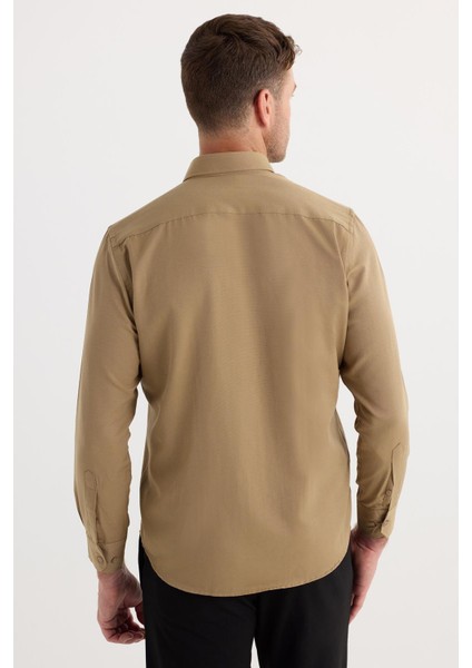 Regular Fit Düğmeli Yaka Pamuklu Kolay Ütü Oxford Düz Erkek Vizon Gömlek