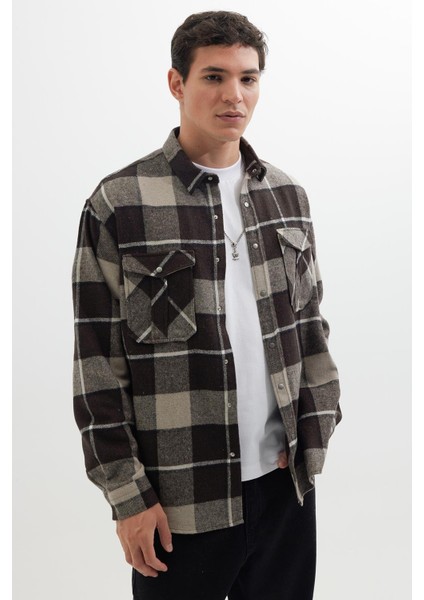 Erkek Relax Fit Rahat Kesim Oduncu Çift Cep Düğmeli Kareli Kışlık Gömlek