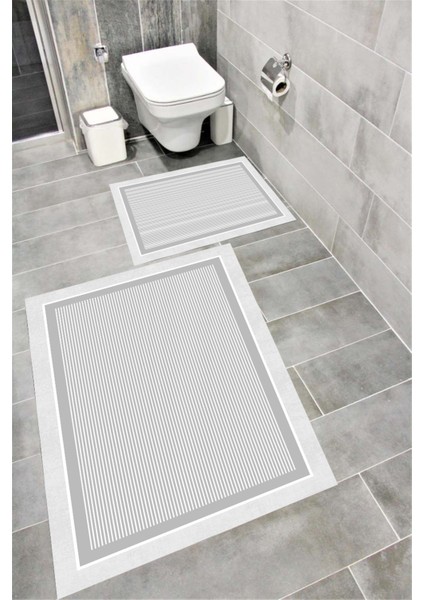 Kaymaz Tabanlı Suya Dayanıklı Dijital Baskılı Banyo Paspası Takımı | Bordo Halı 1534