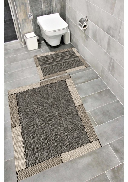 Kaymaz Tabanlı Suya Dayanıklı Dijital Baskılı Banyo Paspası Takımı | Bordo Halı 1500