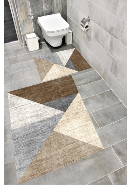 Kaymaz Tabanlı Suya Dayanıklı Dijital Baskılı Banyo Paspası Takımı | Bordo Halı 1629