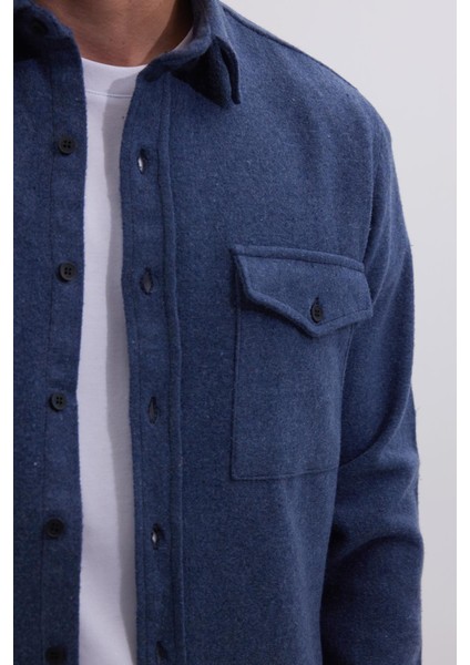 Erkek Slim Fit Tek Cep Kapaklı Düz Oduncu Spor Indigo Gömlek modelleri