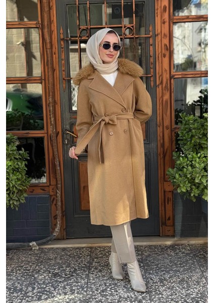 Premium Yün Kürklü Kruvaze Düğmeli Kaban KA-A23-17024 Camel