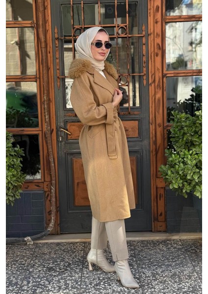 Premium Yün Kürklü Kruvaze Düğmeli Kaban KA-A23-17024 Camel fiyatları