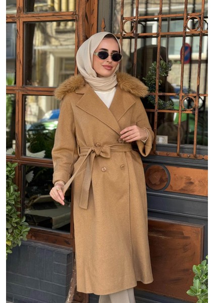 Premium Yün Kürklü Kruvaze Düğmeli Kaban KA-A23-17024 Camel modelleri