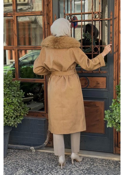 Premium Yün Kürklü Kruvaze Düğmeli Kaban KA-A23-17024 Camel fırsatları