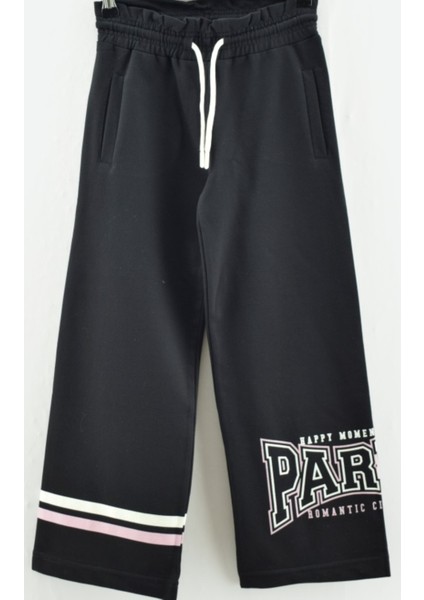 Kız Çocuk Paçası Paris Yazılı Çift Çizgi Desenli Bol Paça Model Siyah Renk Eşofman Altı