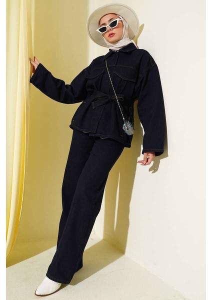 Belden Bağlama Detaylı Denim Dot Takım