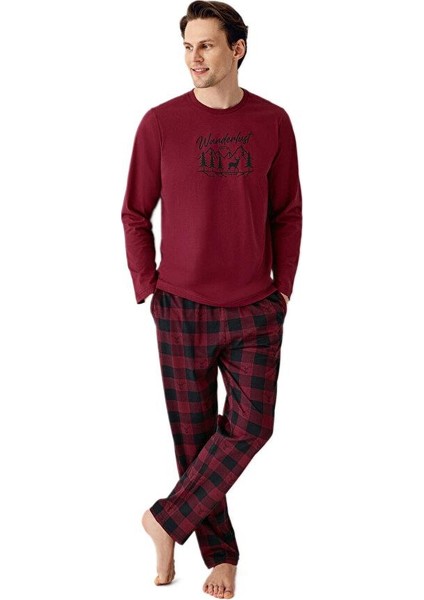 Erkek Bordo Uzun Kollu Pijama Takımı 3502-S
