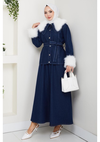 Kadın Peluş Detaylı Kuşaklı Kot Lacivert Ikili Takım