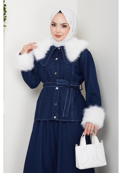 Kadın Peluş Detaylı Kuşaklı Kot Lacivert Ikili Takım fiyatları