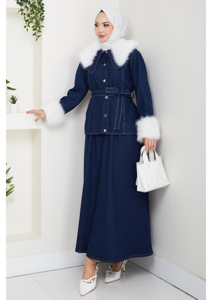 Kadın Peluş Detaylı Kuşaklı Kot Lacivert Ikili Takım modelleri