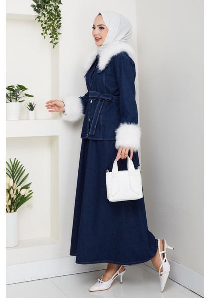 Kadın Peluş Detaylı Kuşaklı Kot Lacivert Ikili Takım fırsatları