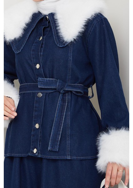 Kadın Peluş Detaylı Kuşaklı Kot Lacivert Ikili Takım indirimleri