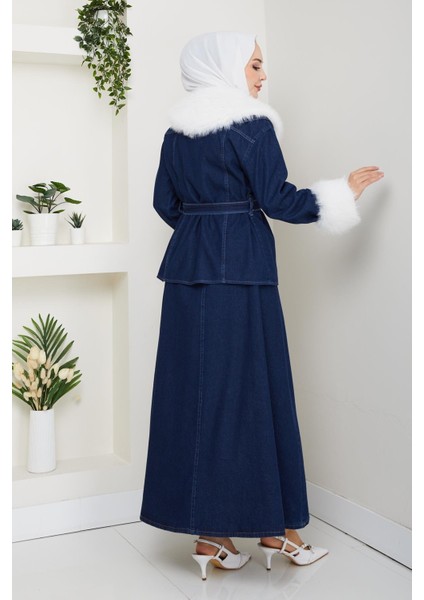 Kadın Peluş Detaylı Kuşaklı Kot Lacivert Ikili Takım