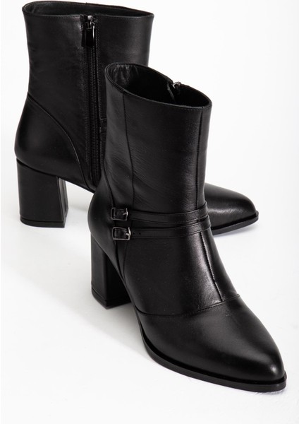 Siyah Hakiki Deri Çift Tokalı Fermuarlı Sivri Burun Özel Tasarım Premium Kadın Topuklu Bot fırsatları