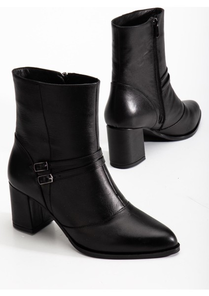 Siyah Hakiki Deri Çift Tokalı Fermuarlı Sivri Burun Özel Tasarım Premium Kadın Topuklu Bot indirimleri