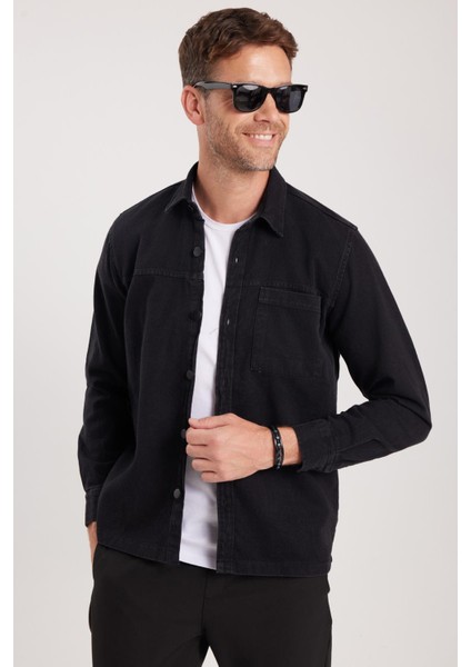 Regular Fit Rahat Kesim Cepli Denim Düğmeli Yaka siyah Kot Gömlek