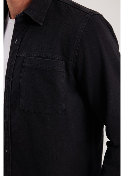 Regular Fit Rahat Kesim Cepli Denim Düğmeli Yaka siyah Kot Gömlek modelleri