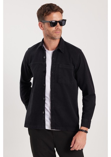 Regular Fit Rahat Kesim Cepli Denim Düğmeli Yaka siyah Kot Gömlek indirimleri
