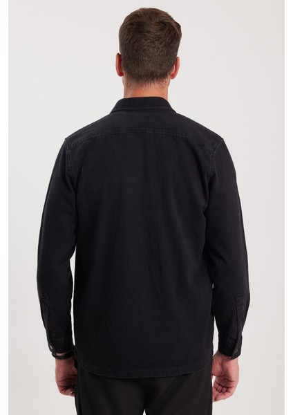 Regular Fit Rahat Kesim Cepli Denim Düğmeli Yaka siyah Kot Gömlek